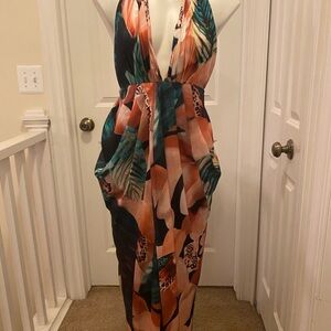 Tropical Print Halter Maxi Dress - Peach & Teal